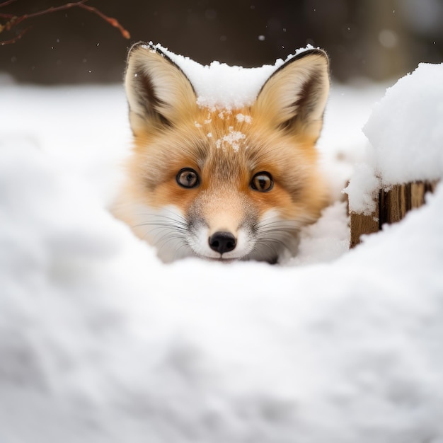 uma raposa espreitando da neve