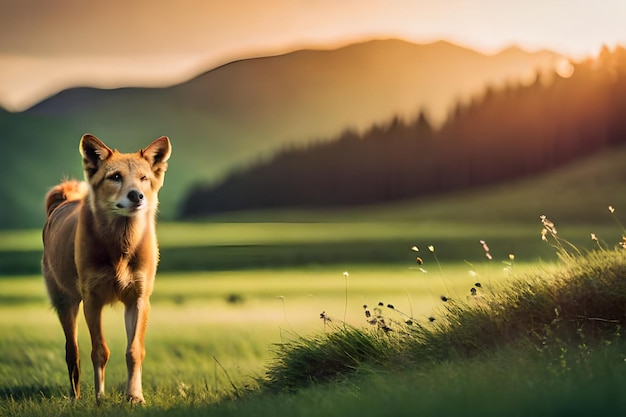 uma raposa está de pé num campo com uma montanha ao fundo