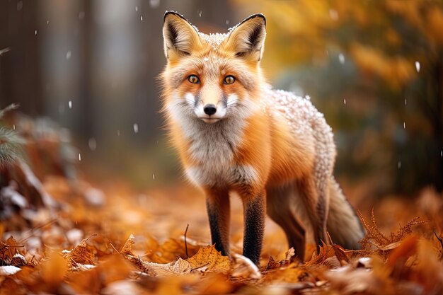 uma raposa na chuva com folhas ao fundo