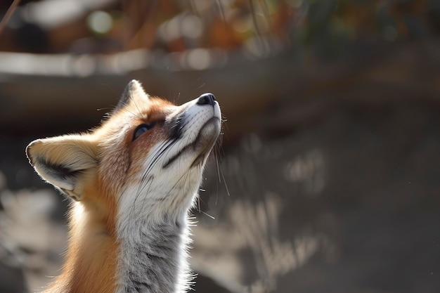 Uma raposa olhando de perto para as folhas
