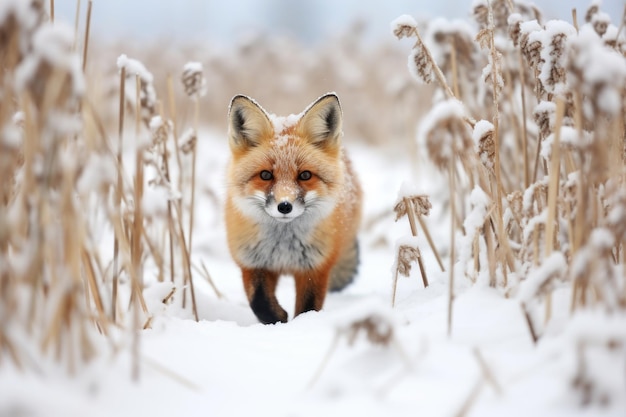 Uma raposa rondando por um campo coberto de neve fresca