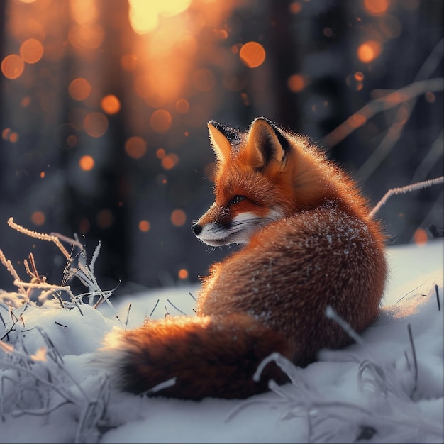 uma raposa senta-se na neve com o sol atrás dela