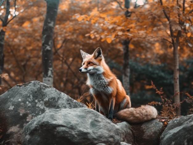 Uma raposa sentada em uma pedra na imagem ai generativa da floresta