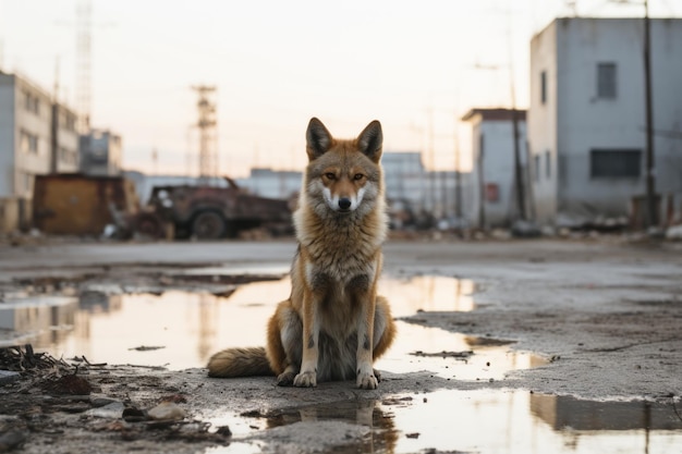 uma raposa sentada no meio de uma poça em uma área urbana