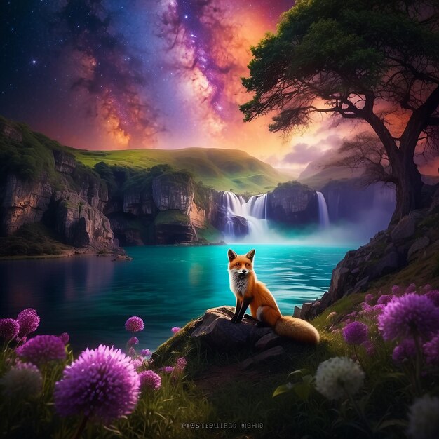 Foto uma raposa sentada numa floresta mágica