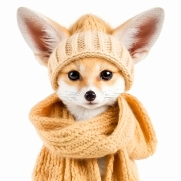 uma raposa usando um chapéu de malha e cachecol