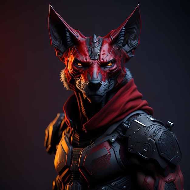 Uma raposa vermelha com um capuz vermelho fica na frente de um fundo escuro.