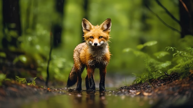 Uma raposa vermelha está em uma floresta.