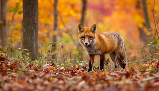 uma raposa vermelha solitária explorando uma densa floresta de outono