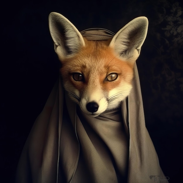 Uma raposa vermelha vestindo uma capa e olhando para a câmera Imagem generativa de IA