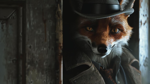 Foto uma raposa vestindo um chapéu e um casaco olha ao redor de uma porta a expressão da raposa é de curiosidade e inteligência
