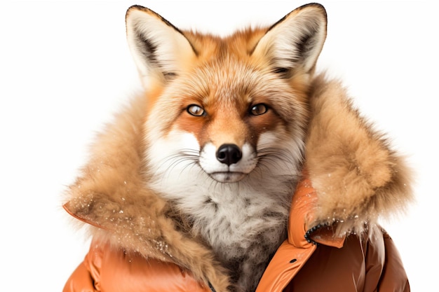 uma raposa vestindo uma jaqueta com um colarinho de pele