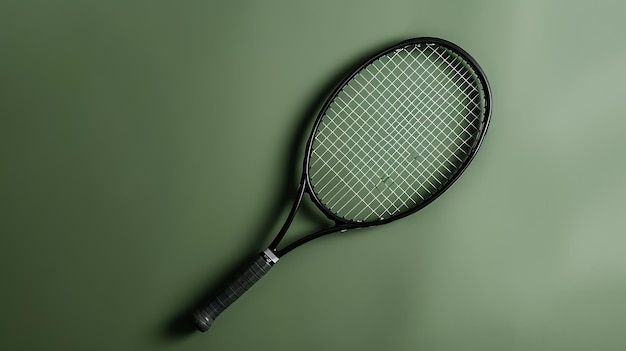 Foto uma raquete de tênis preta com um punho branco fica em um fundo verde oliva a raquete está no centro do quadro