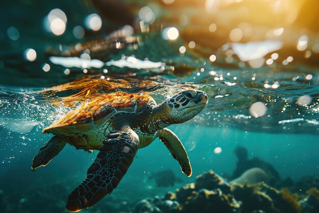 uma rara tartaruga marinha nada na água perto das rochas do fundo para a superfície