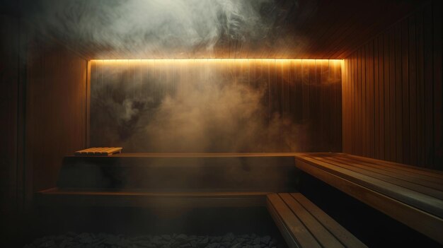 Uma realização de vapor em atmosfera de sauna escura misturada com música calmante para ajudar a liberar o estresse e