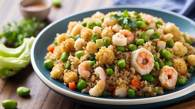 Uma receita de arroz frito com couve-flor que enfatiza o teor de proteína uma variedade de fontes de proteína, como