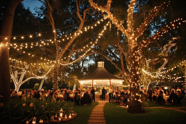 Uma recepção de casamento com convidados celebrando sob um dossel de luzes lindamente decorado Um casamento ao ar livre requintado com luzes de fada cintilando nas árvores