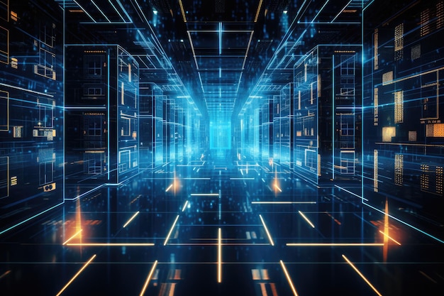 Uma rede brilhante de conexões no armazenamento de dados do centro de dados Representa um centro de dados de última geração com fileiras de racks de servidores