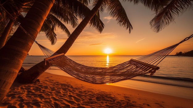 Uma rede em uma praia com o sol se pondo atrás dela