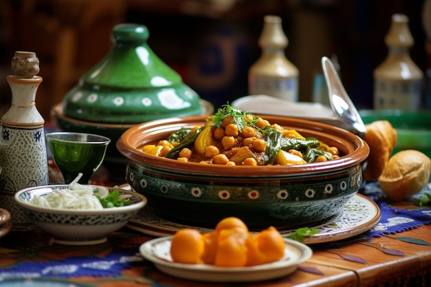 Uma refeição marroquina atraente preparada na mesa