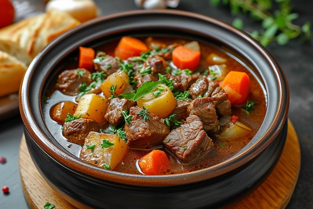 Uma refeição satisfatória Uma tigela de cerâmica cheia de guisado de carne salgado