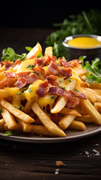 Foto uma refeição simples de batatas fritas com queijo cheddar derretido