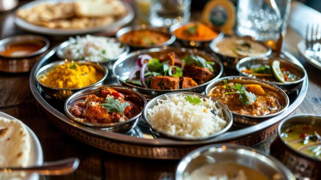 Uma refeição tradicional indiana de thali com uma variedade de pratos servidos em um prato de aço inoxidável