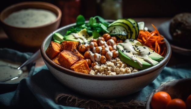 Uma refeição vegetariana gourmet com ingredientes orgânicos frescos em louça rústica gerada por ia