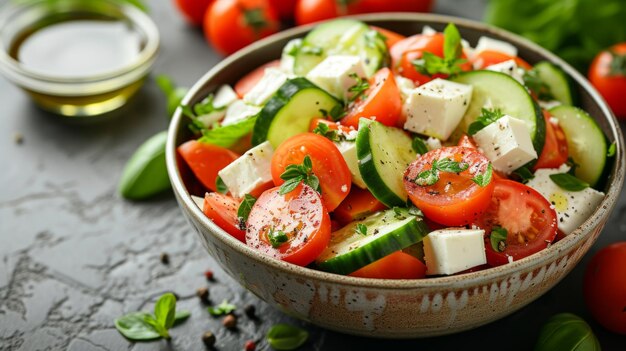 Uma refrescante salada grega com tomates maduros, pepinos crocantes e queijo feta picante.