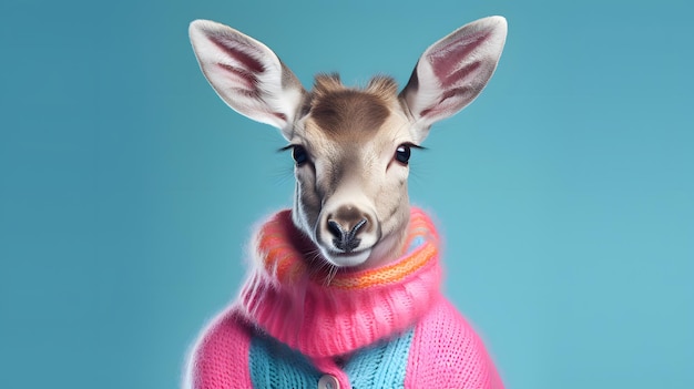 Foto uma renas de tamanho humano em sweatshirt de inverno hipster vintage de moda retrato de animal selvagem vestido