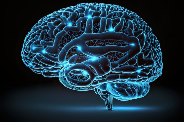 Uma renderização 3D abstrata de um cérebro futurista e tecnologicamente avançado. IA generativa