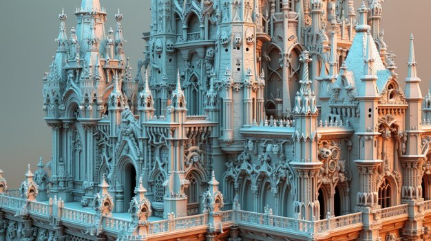 Uma renderização 3D altamente detalhada de um castelo gótico com detalhes intrincados e um tom azulado