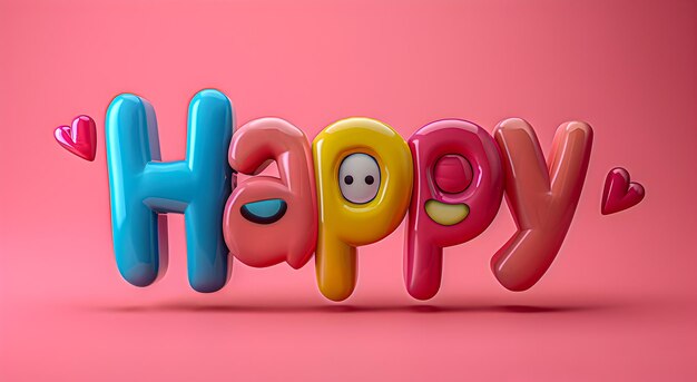 Foto uma renderização 3d colorida de uma palavra feliz em fundo rosa