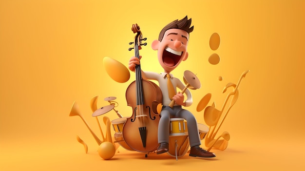 Uma renderização 3D com uma jovem figura 3D sorridente tocando um instrumento musical