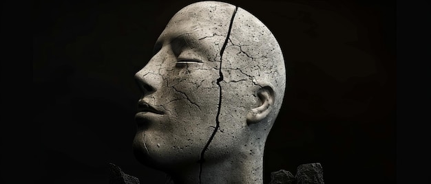 Uma renderização 3D conceitual de uma cabeça humana sem características com uma fissura profunda