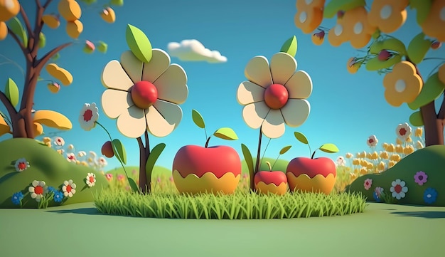 Uma renderização 3D de maçãs com flores na grama.