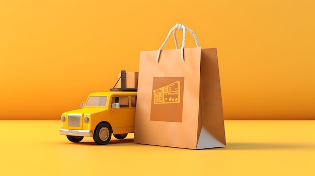 Uma renderização 3D de um caminhão de entrega de sacos de compras e etiqueta de desconto