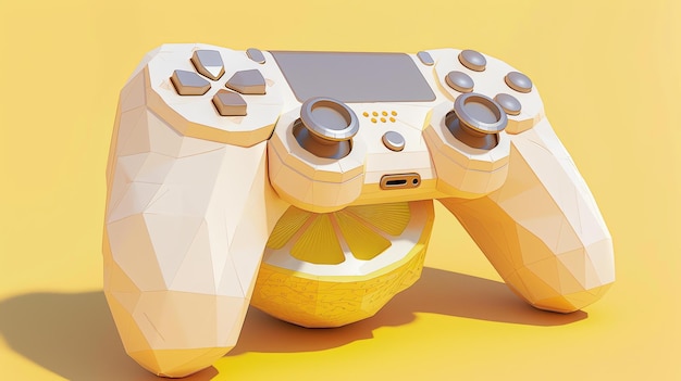 Uma renderização 3D de um controlador de videogame branco e amarelo O controlador é colocado em um fundo amarelo