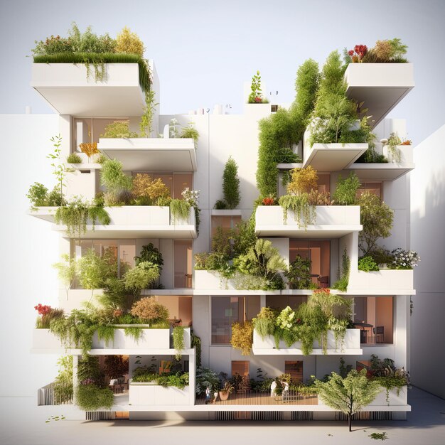 Uma renderização 3D de um edifício cheio de plantas