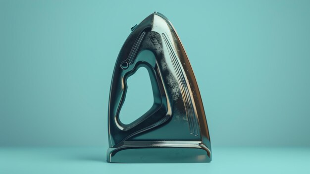 Uma renderização 3D de um ferro de prata em um fundo azul O ferro é feito de metal e tem um design elegante O ferro está de pé