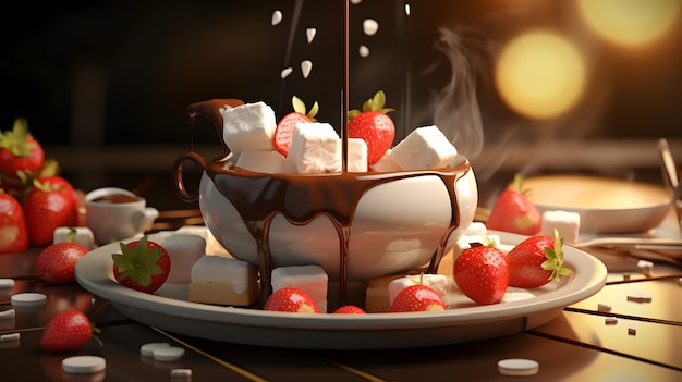 Uma renderização 3d de um fondue de chocolate derretendo com marshmallows e morangos