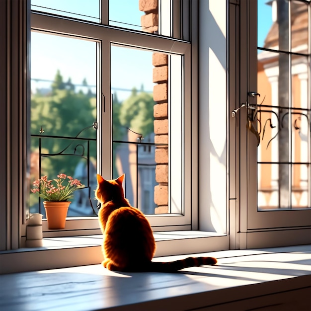 Uma renderização 3D de um gato sentado no parapeito de uma janela em estilo minimalista com alta resolução HD UHD 4k