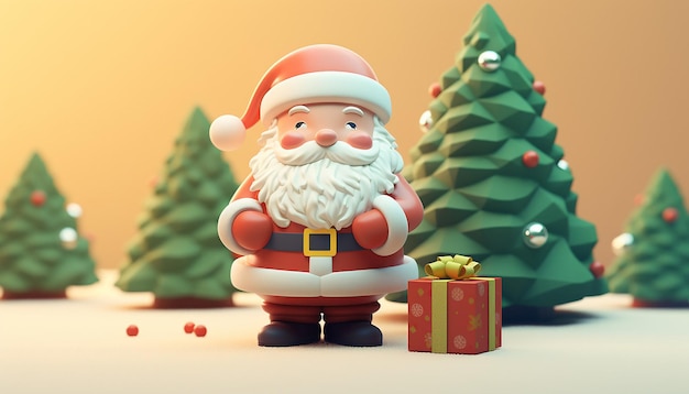 uma renderização 3D de um lindo Papai Noel e uma árvore de Natal
