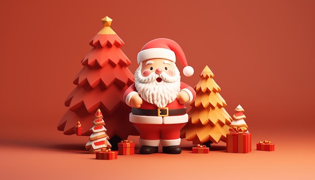 uma renderização 3D de um lindo Papai Noel e uma árvore de Natal