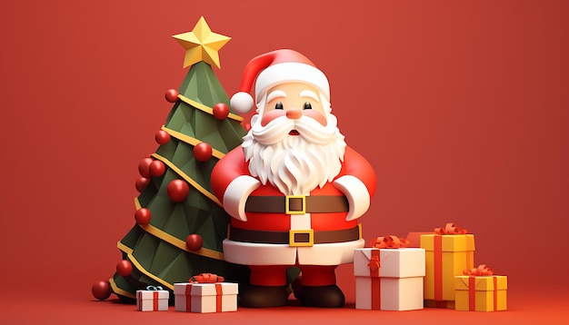 uma renderização 3D de um lindo Papai Noel e uma árvore de Natal