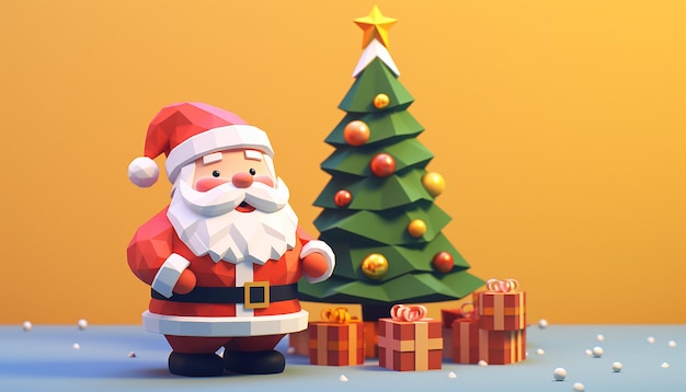 uma renderização 3D de um lindo Papai Noel e uma árvore de Natal