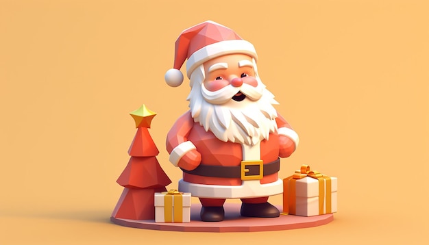 uma renderização 3D de um lindo Papai Noel e uma árvore de Natal