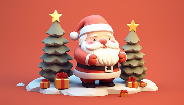 uma renderização 3D de um lindo Papai Noel e uma árvore de Natal