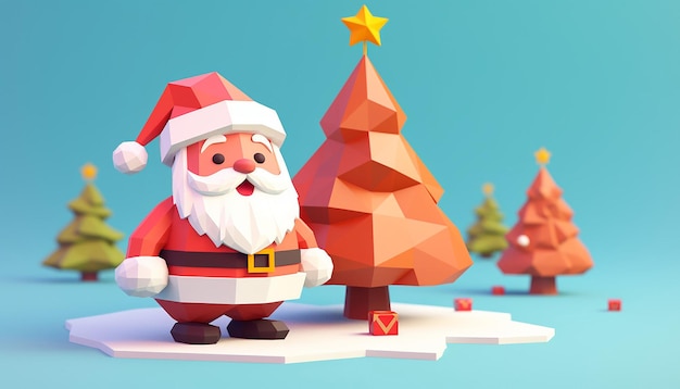 uma renderização 3D de um lindo Papai Noel e uma árvore de Natal