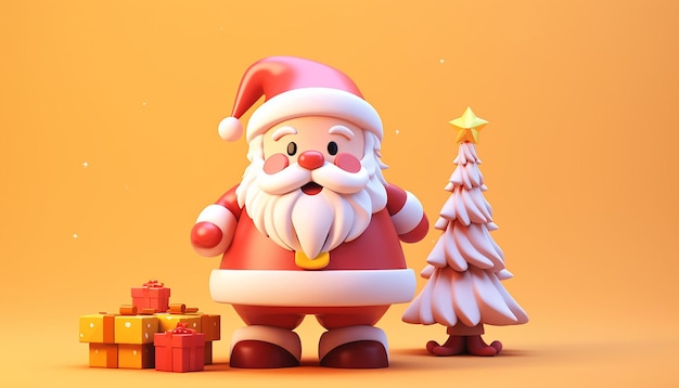 uma renderização 3D de um lindo Papai Noel e uma árvore de Natal